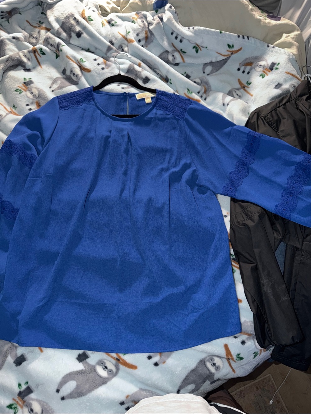 Michael Kors Cobalt Blue Lace-Trim Long Sleeve Blouse